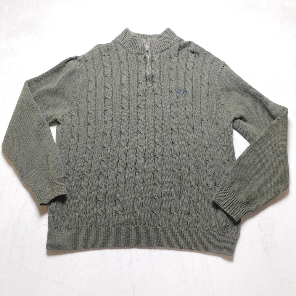 Chaps Mens Olive Green Cable Knit Quarter Zip Cotton Sweater Large Mock Neck